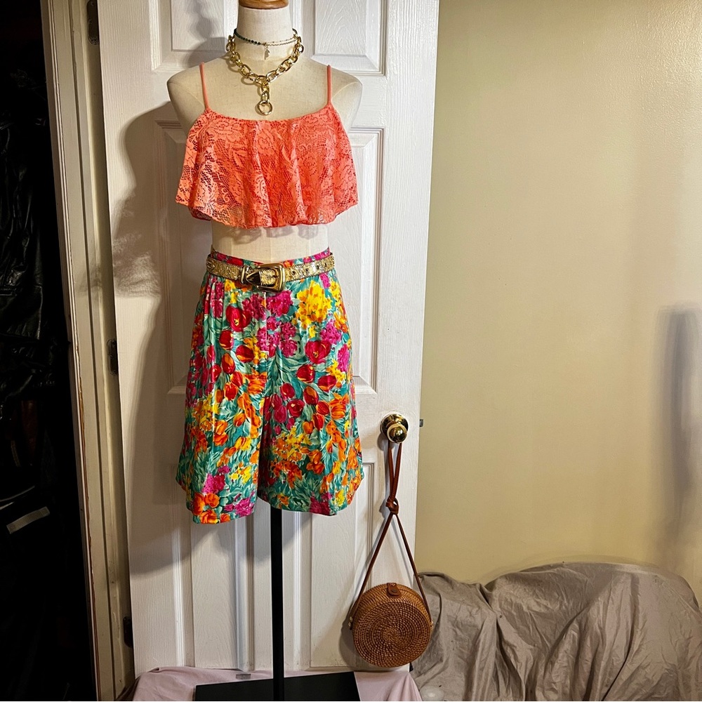 Woolrich Vintage Wms Tropical Hibiscus Floral Pleated Culotte Wide Leg Shorts 14